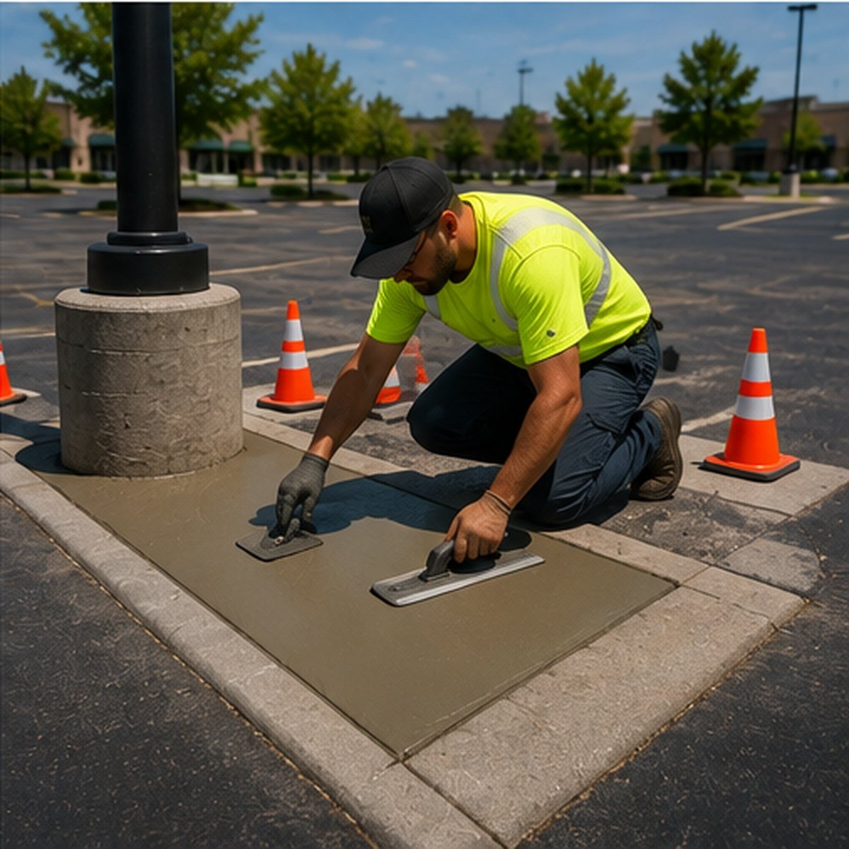 Proactive concrete light-pole base repair on a Wichita commercial property