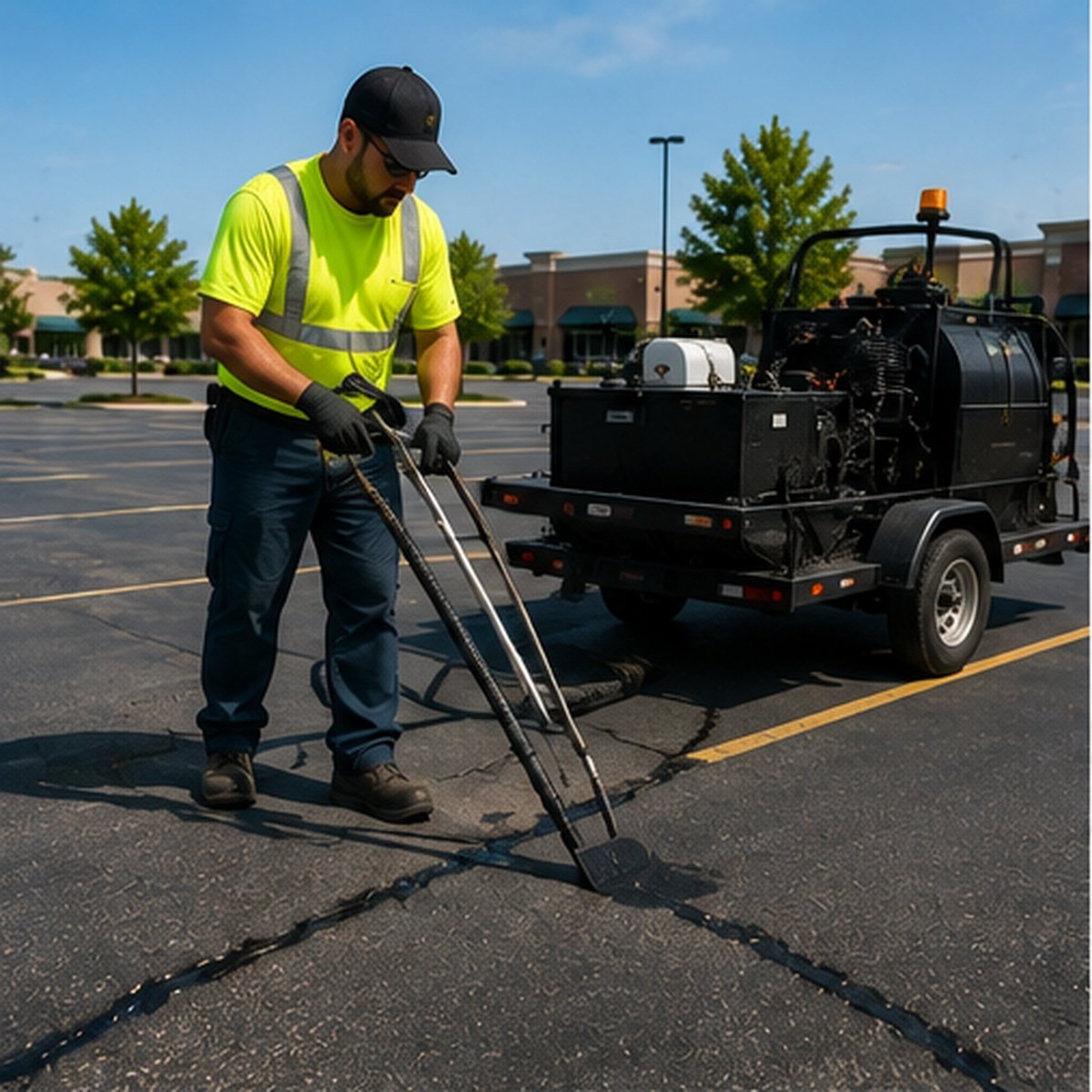 Hot-pour crack sealing on a Wichita commercial parking lot