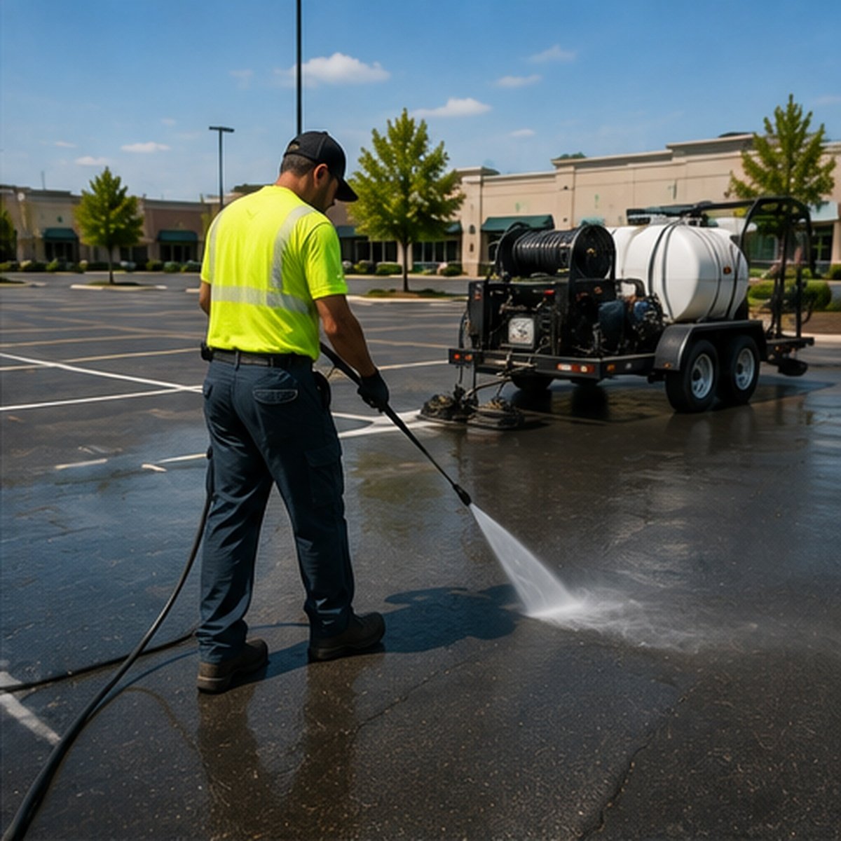 Pressure washing a Wichita commercial parking lot