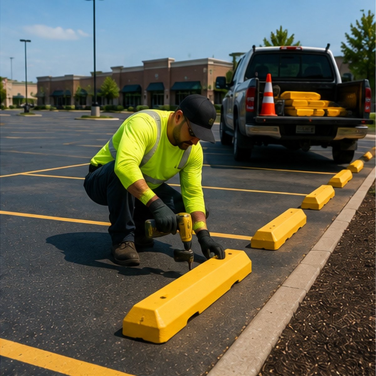 Wheel stop installation as part of broader property upkeep