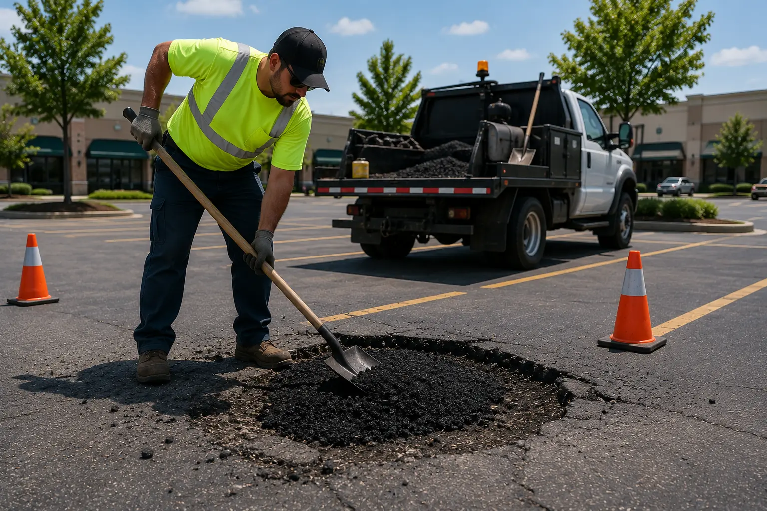 Shoveling hot patch asphalt into a pothole repair on a Wichita commercial lot