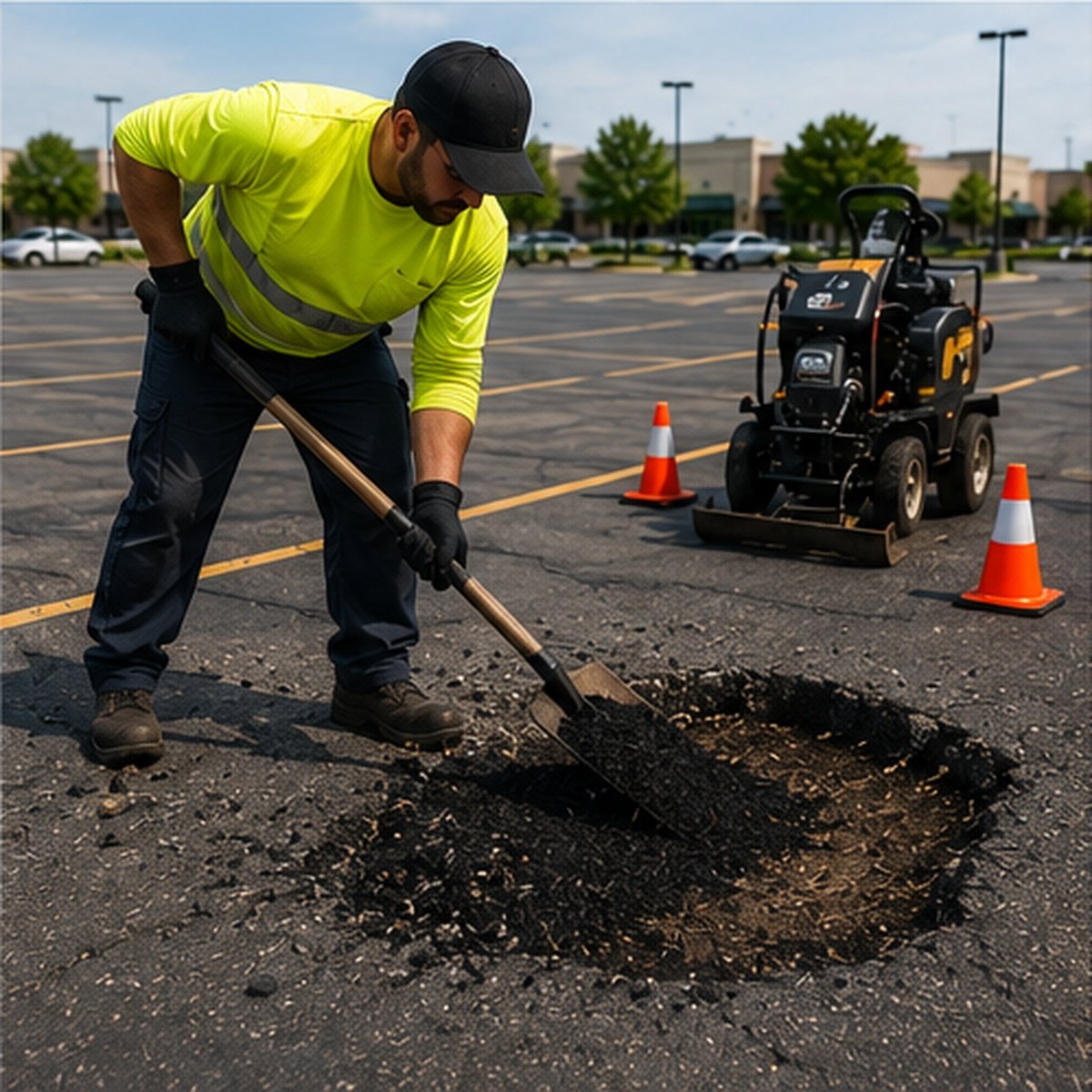 Pothole repair on a Wichita commercial parking lot